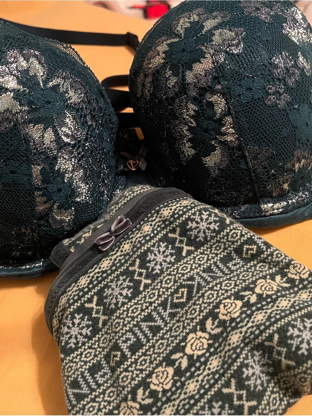 Victoria's Secret Dark Teal Lace with Patterned Briefs